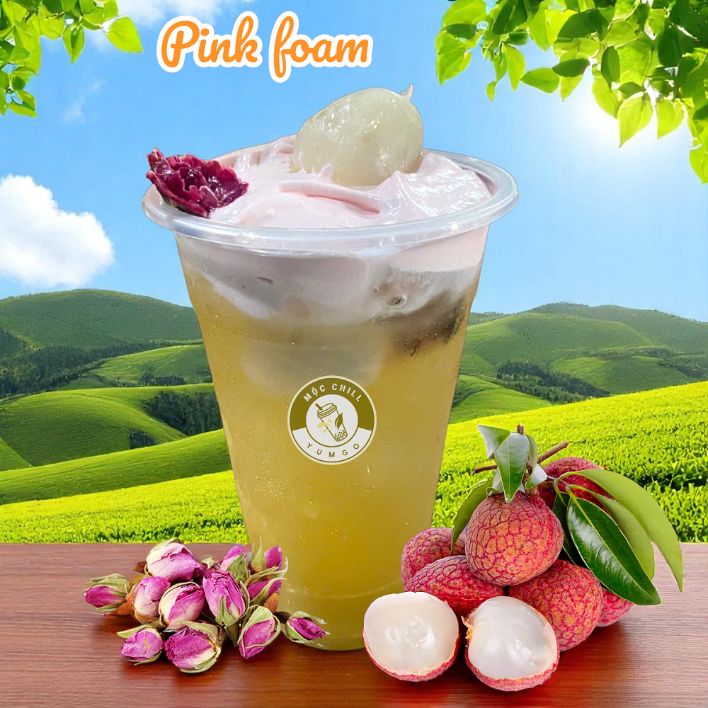 Trà Vải tươi hoa hồng kem hồng Pink Trend